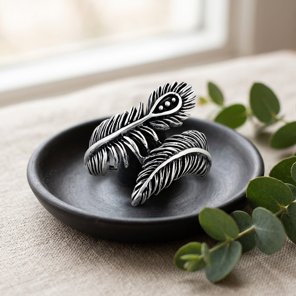 Sterling Silver 22.5mm Oxidized Peacock and Plume Feather Bypass Ring for Women life2