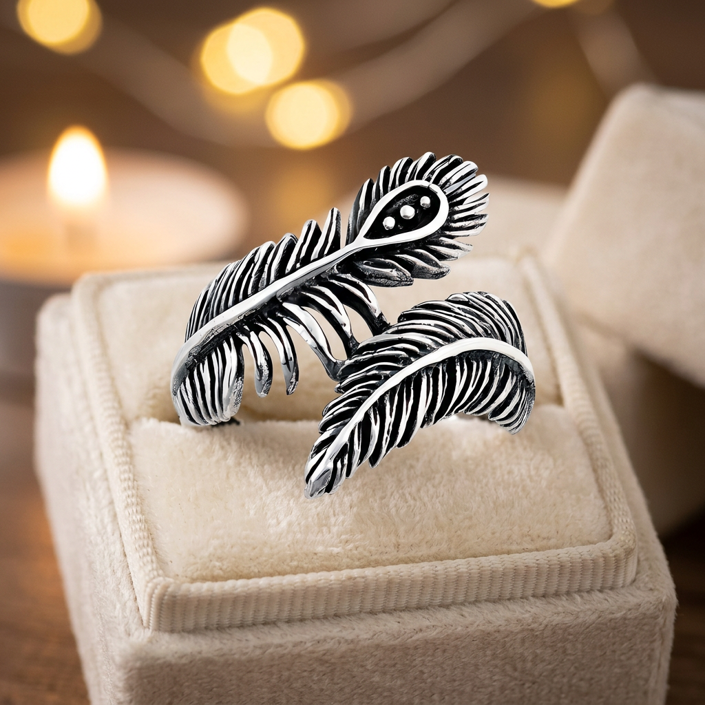 Sterling Silver 22.5mm Oxidized Peacock and Plume Feather Bypass Ring for Women life3