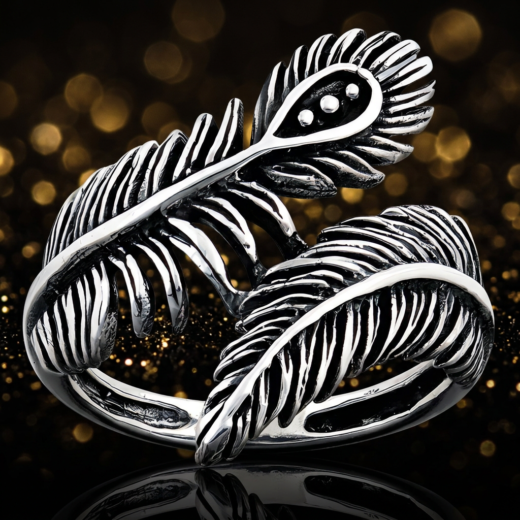 Sterling Silver 22.5mm Oxidized Peacock and Plume Feather Bypass Ring for Women life4