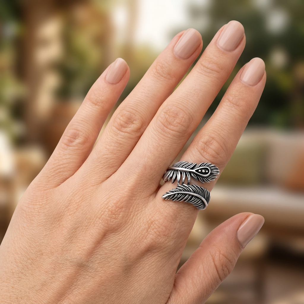 Sterling Silver 22.5mm Oxidized Peacock and Plume Feather Bypass Ring for Women model