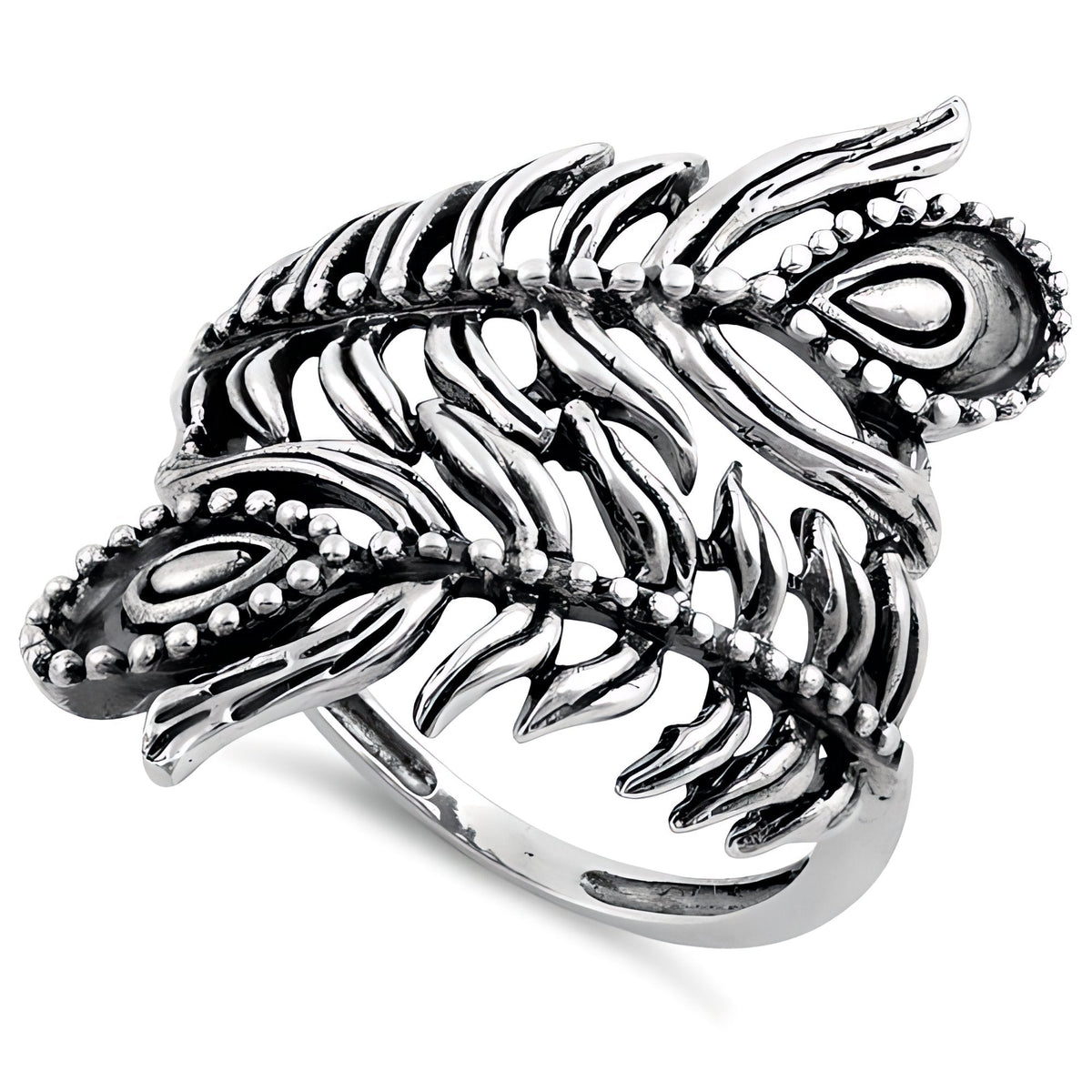 Sterling Silver Oxidized Double Peacock Feather Bypass Statement Ring for Women