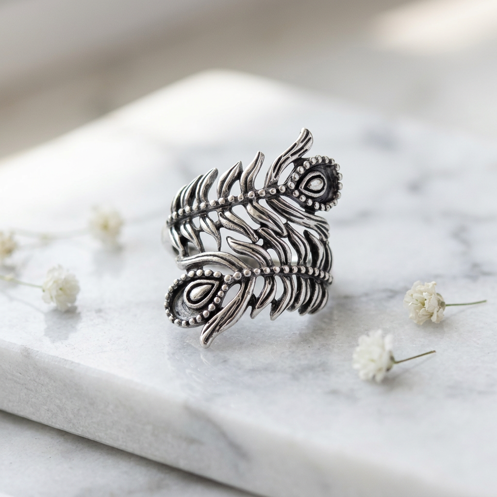 Sterling Silver Oxidized Double Peacock Feather Bypass Statement Ring for Women life1
