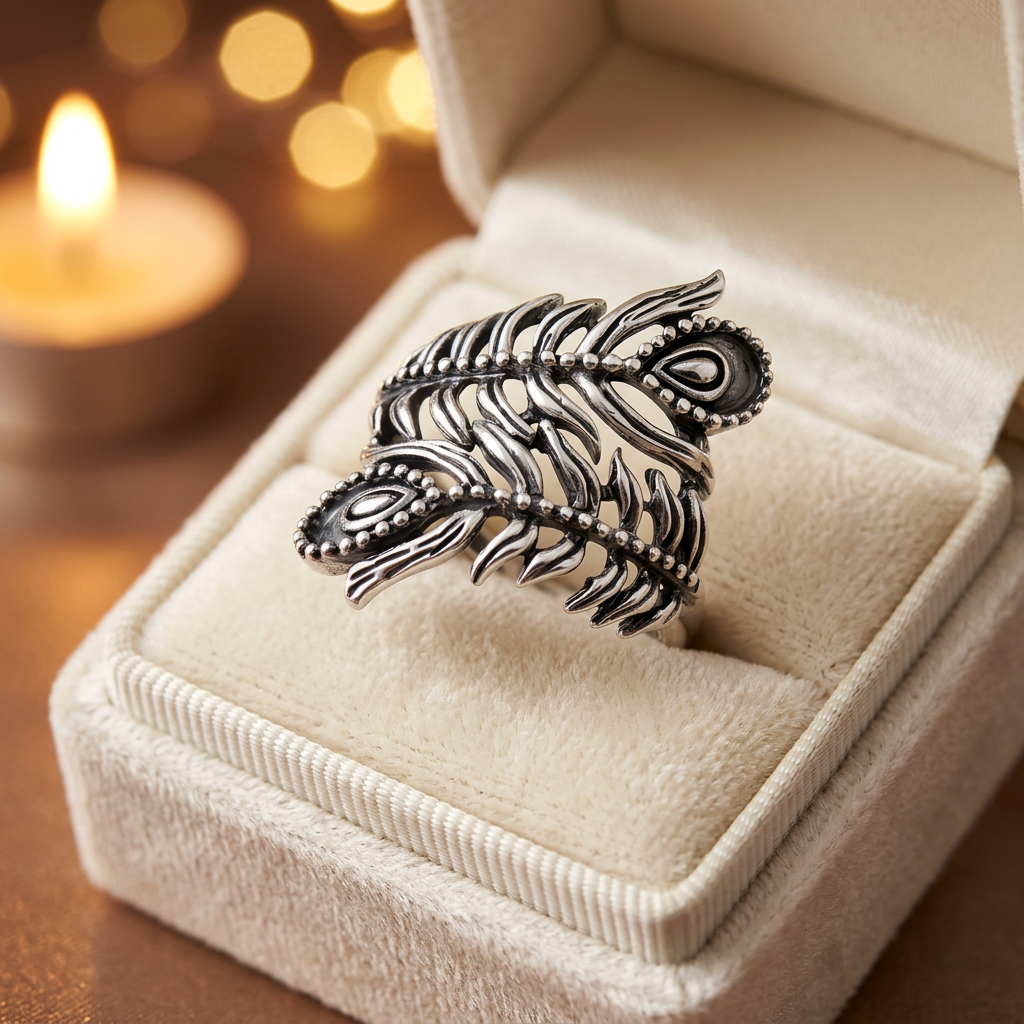 Sterling Silver Oxidized Double Peacock Feather Bypass Statement Ring for Women life3
