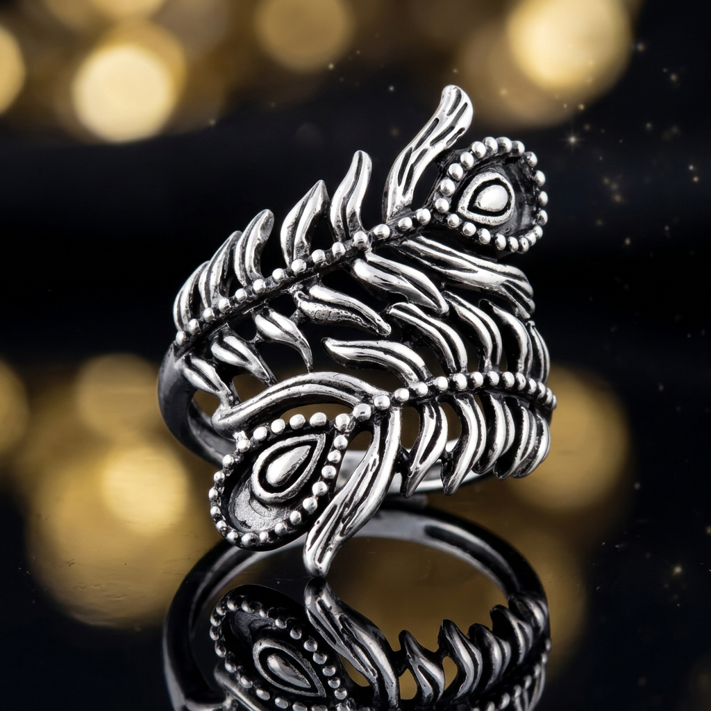 Sterling Silver Oxidized Double Peacock Feather Bypass Statement Ring for Women life4
