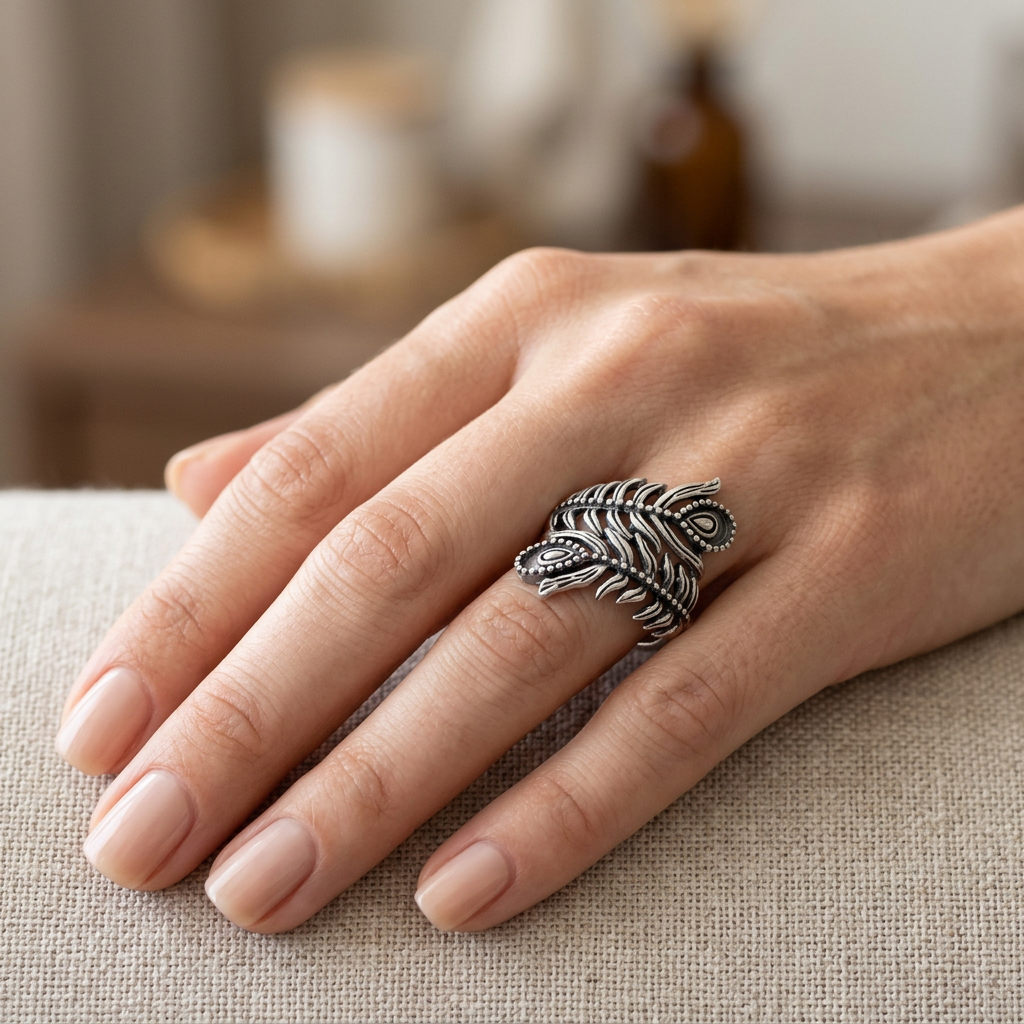 Sterling Silver Oxidized Double Peacock Feather Bypass Statement Ring for Women model