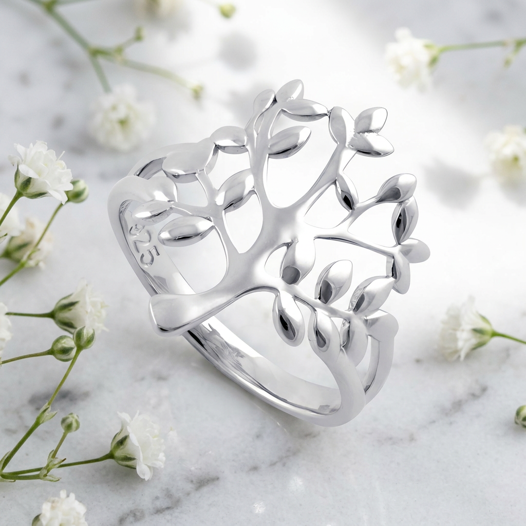 Sterling Silver 3.7mm Open Leafy Tree of Life Split Shank Ring for Women life1