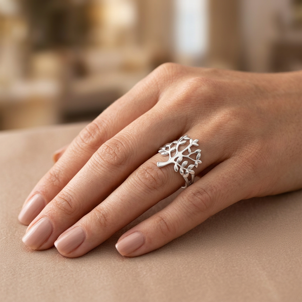 Sterling Silver 3.7mm Open Leafy Tree of Life Split Shank Ring for Women model