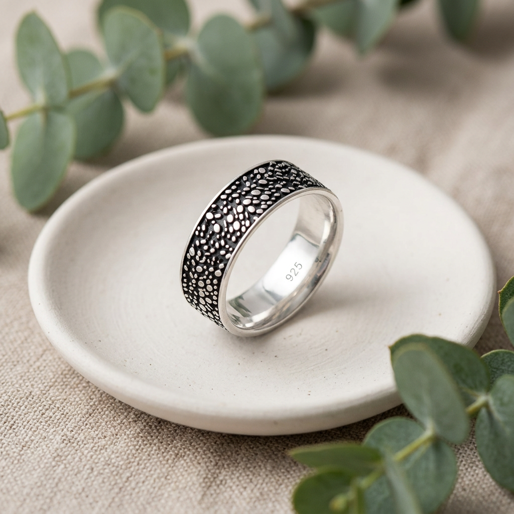 Sterling Silver 6mm Oxidized Pebble Texture Band Ring for Women life2