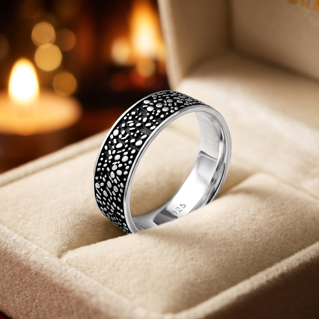 Sterling Silver 6mm Oxidized Pebble Texture Band Ring for Women life3