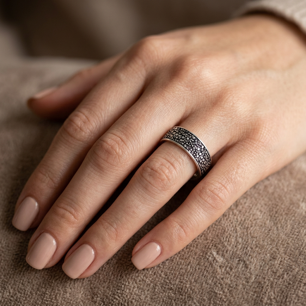 Sterling Silver 6mm Oxidized Pebble Texture Band Ring for Women model