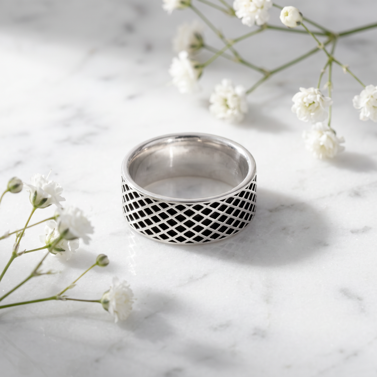 Sterling Silver 6.5mm Crosshatch Lattice Band Ring for Men life1