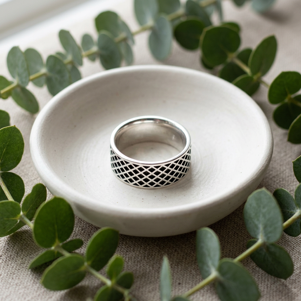 Sterling Silver 6.5mm Crosshatch Lattice Band Ring for Men life2