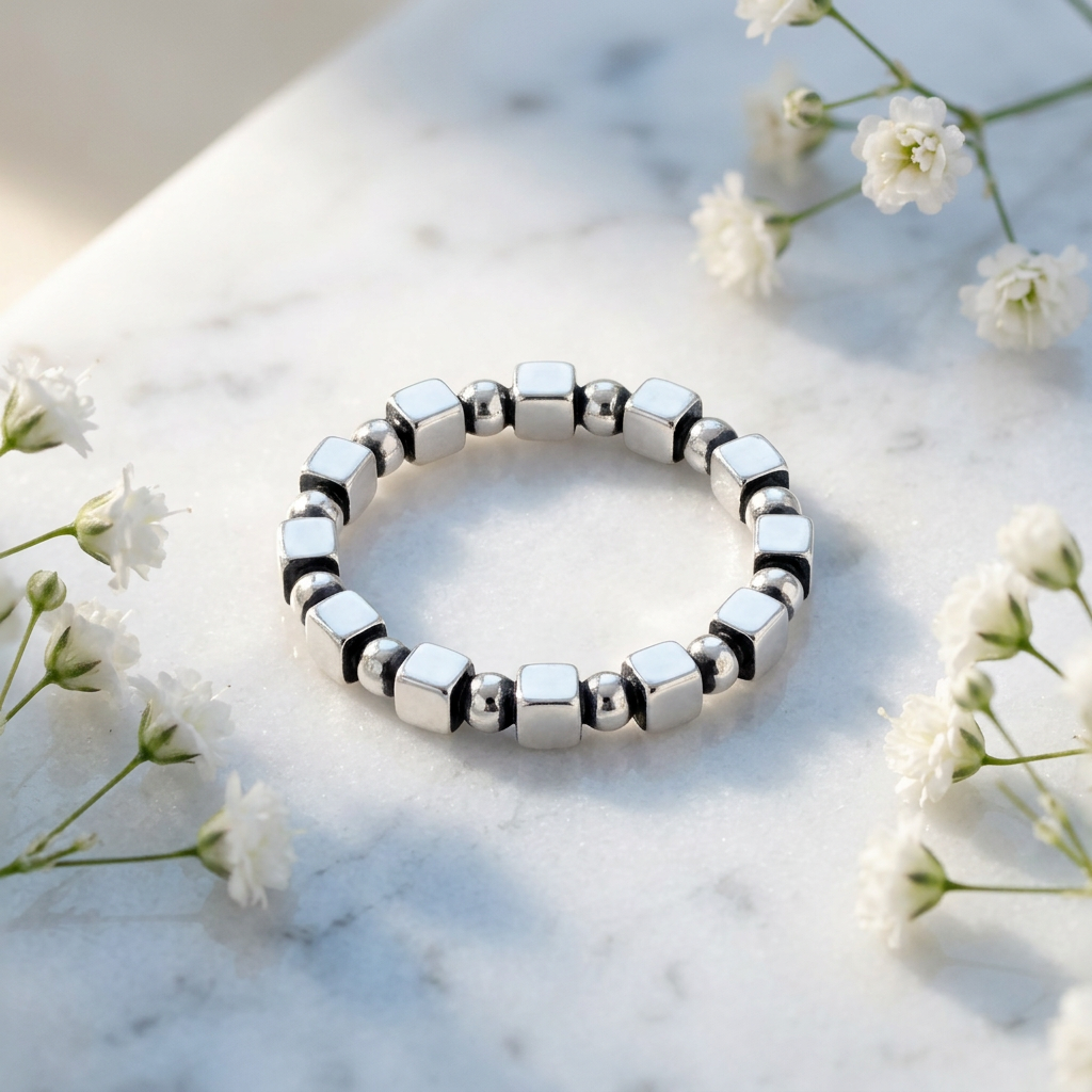 Sterling Silver 2.5mm Bead and Cube Eternity Stacking Ring for Women life1