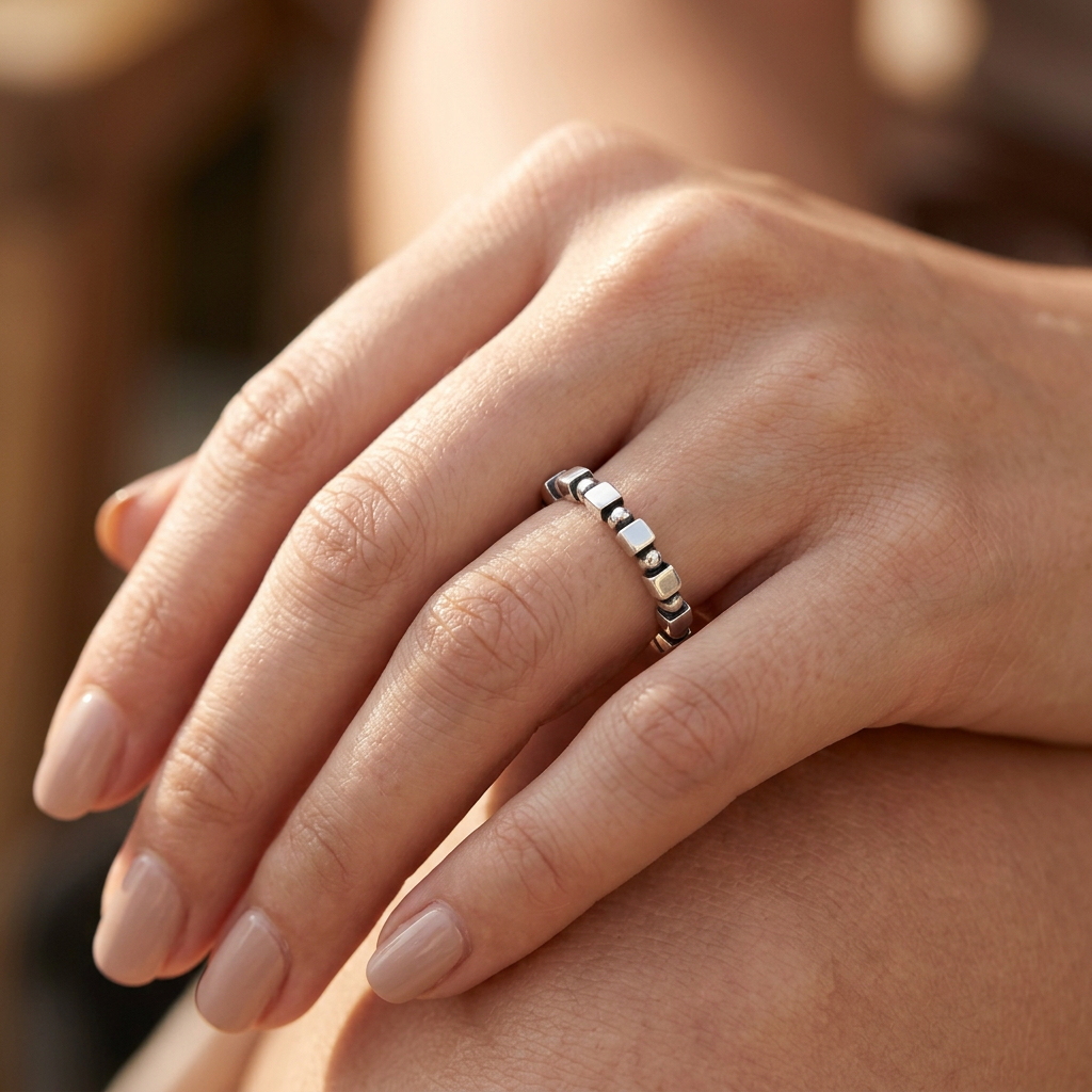 Sterling Silver 2.5mm Bead and Cube Eternity Stacking Ring for Women model