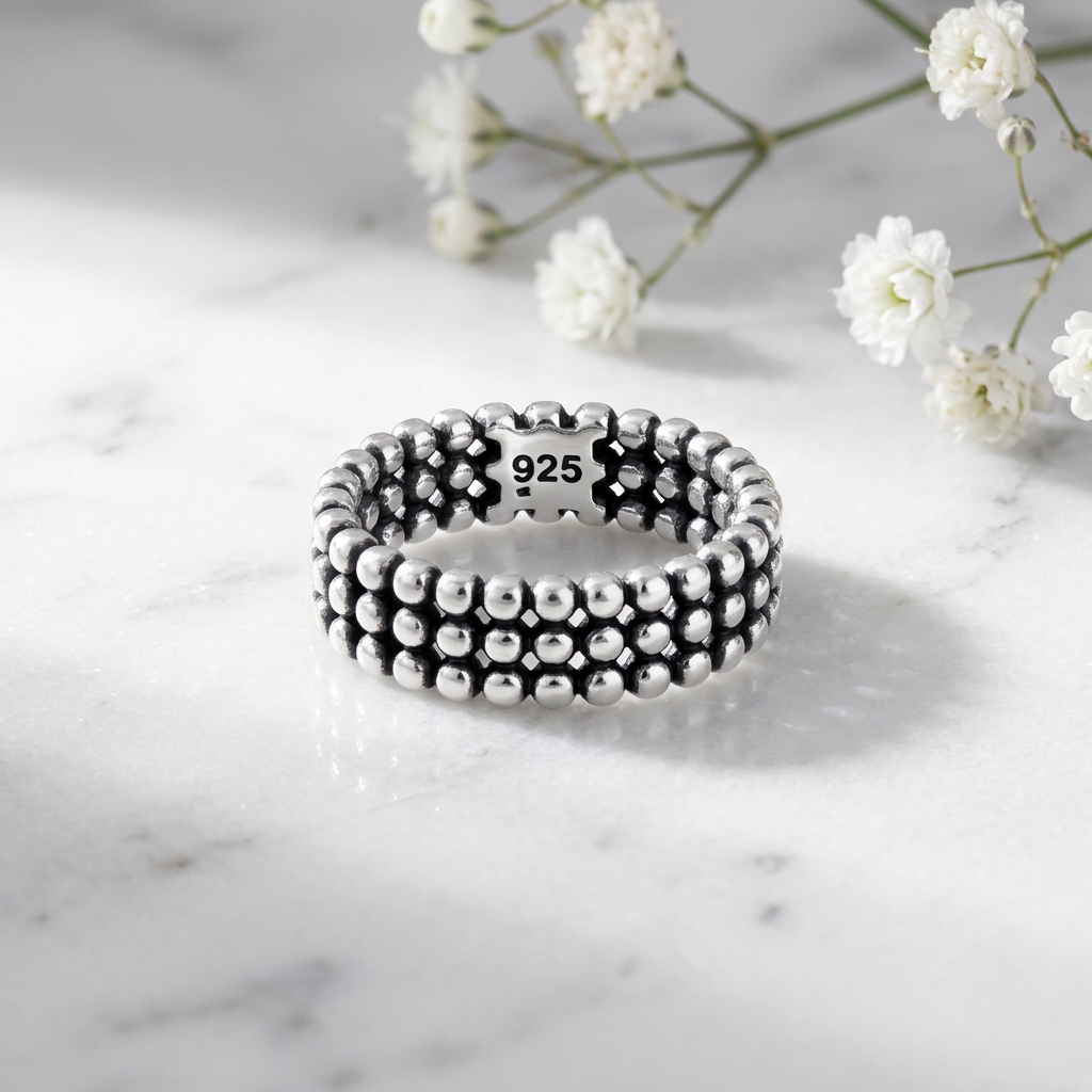 Sterling Silver 5.3mm Oxidized Triple Row Bead Eternity Ring for Women life1