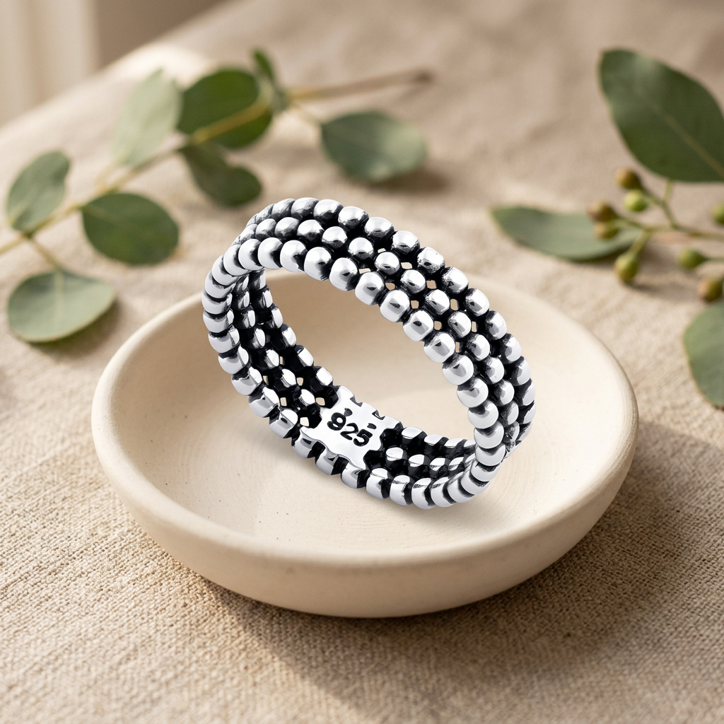 Sterling Silver 5.3mm Oxidized Triple Row Bead Eternity Ring for Women life2