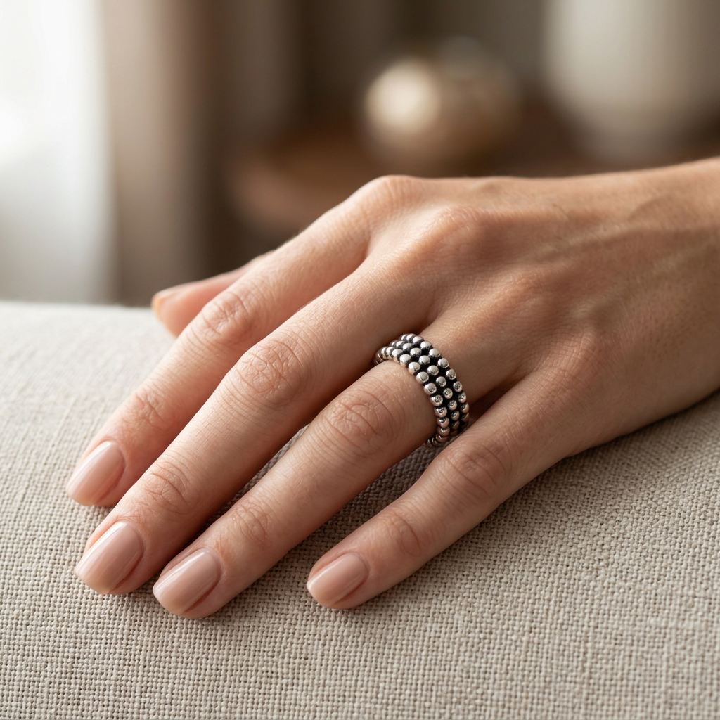 Sterling Silver 5.3mm Oxidized Triple Row Bead Eternity Ring for Women model