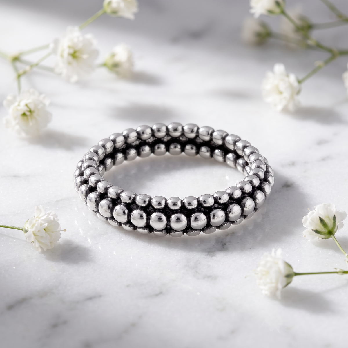 Sterling Silver 4.1mm Beaded Pebble Eternity Band Stacking Ring for Women life1