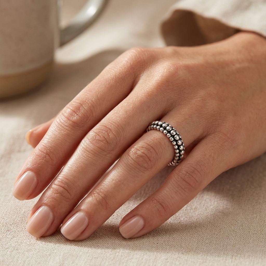 Sterling Silver 4.1mm Beaded Pebble Eternity Band Stacking Ring for Women model