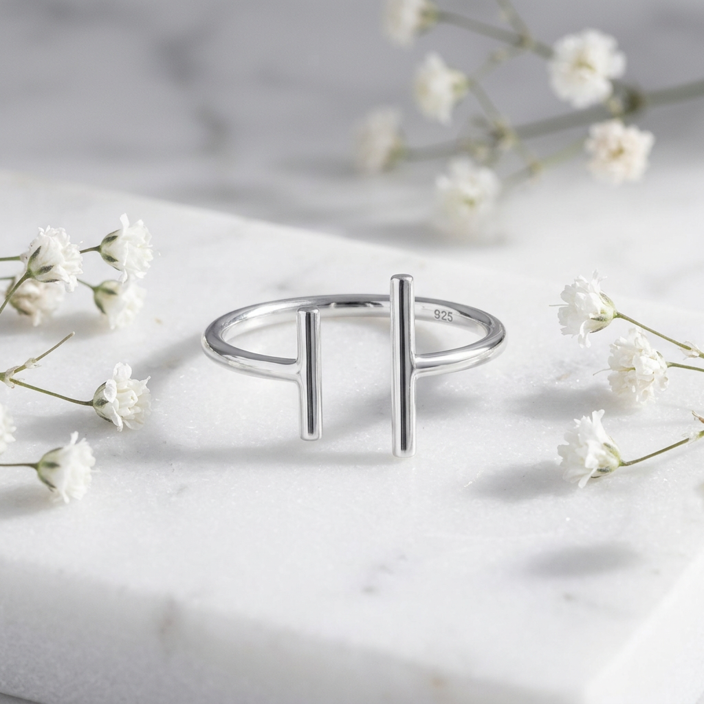 Sterling Silver 1.7mm Open Cuff Parallel Double T Bar Ring for Women life1