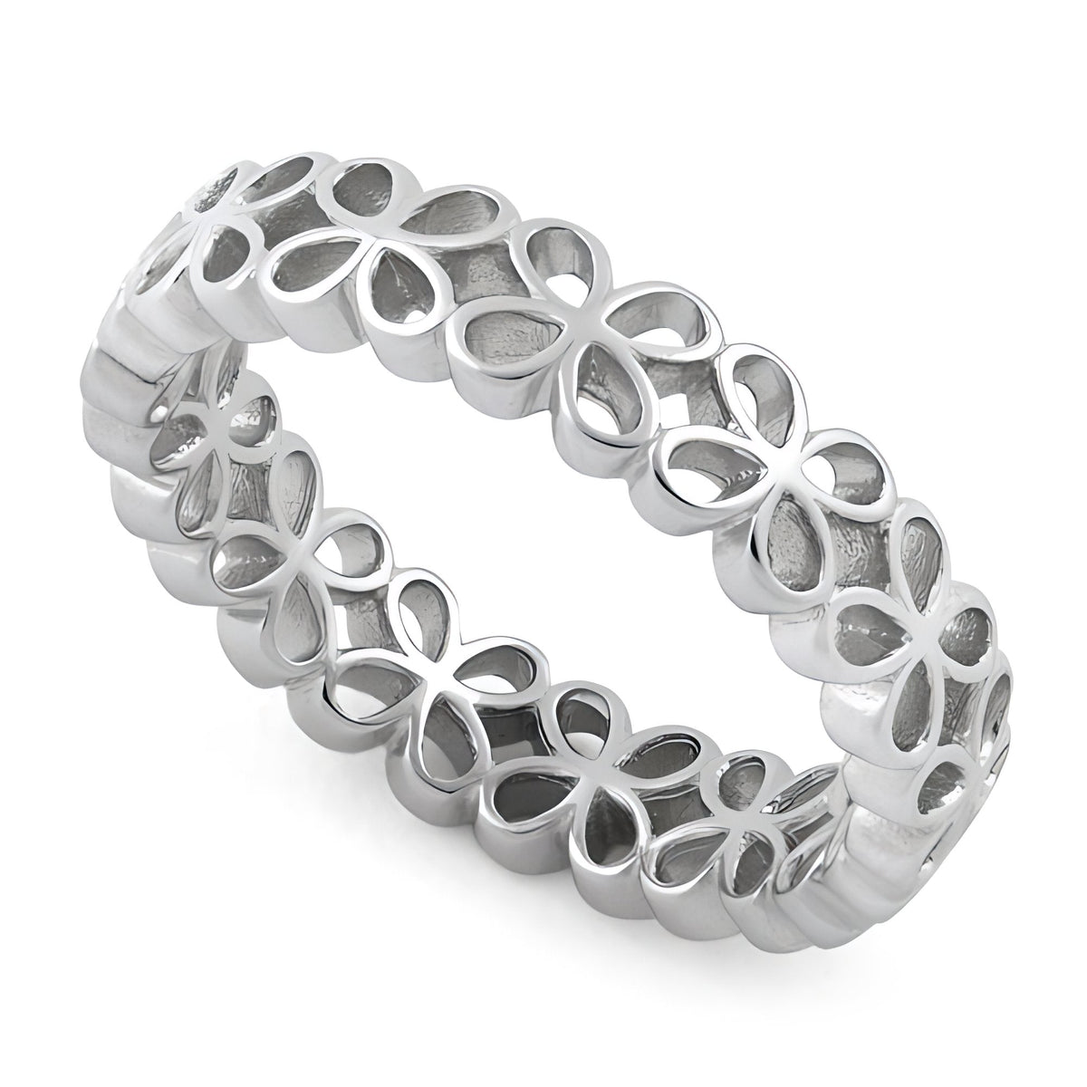 Sterling Silver 4.6mm Open Four Petal Flower Eternity Band Ring for Women