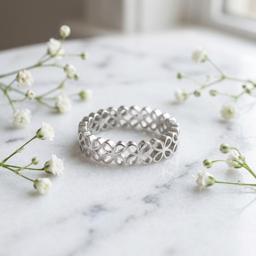 Sterling Silver 4.6mm Open Four Petal Flower Eternity Band Ring for Women life1