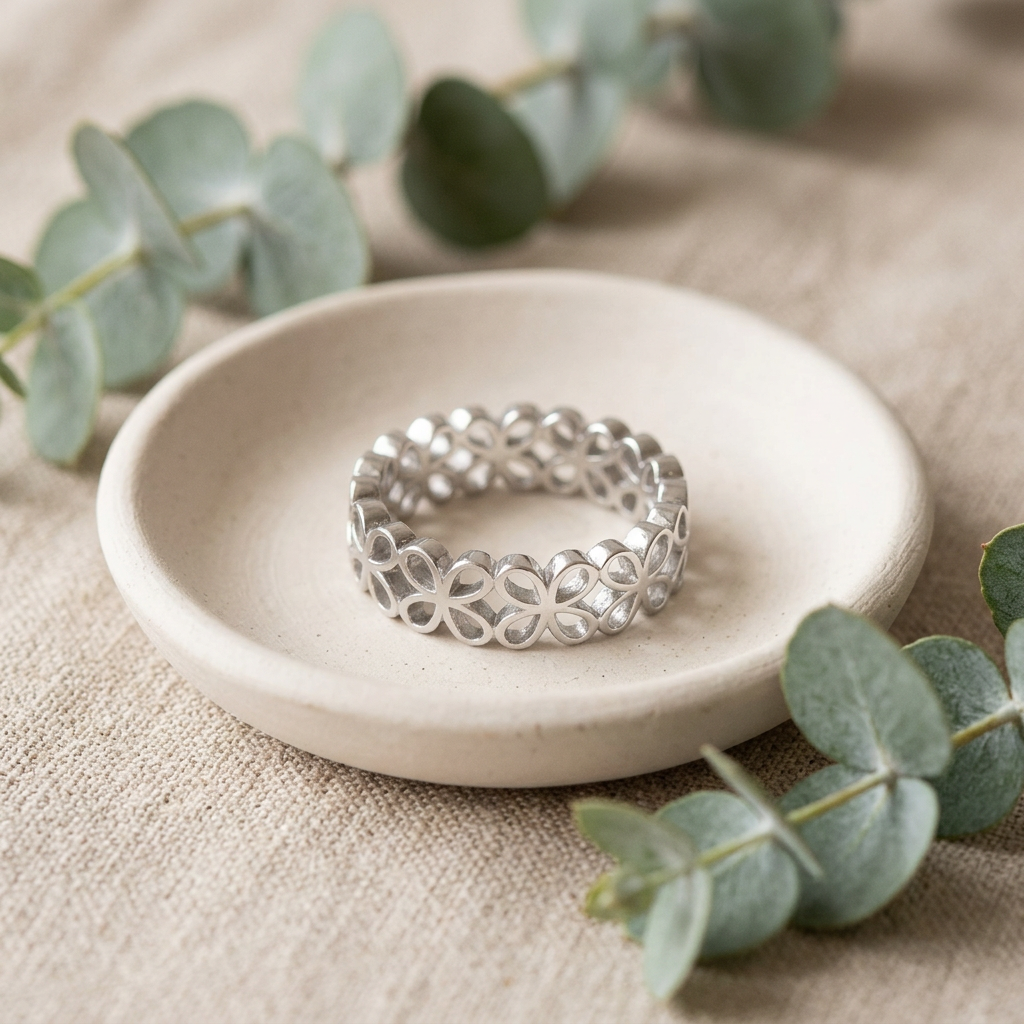 Sterling Silver 4.6mm Open Four Petal Flower Eternity Band Ring for Women life2