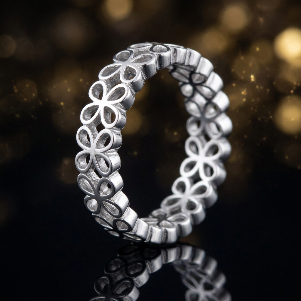 Sterling Silver 4.6mm Open Four Petal Flower Eternity Band Ring for Women life4