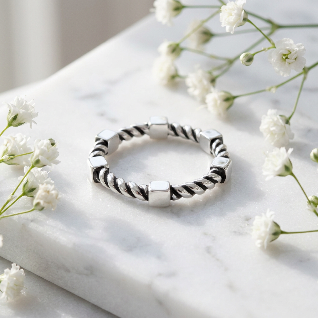 Sterling Silver 2.6mm Cube and Twisted Rope Stacking Ring for Women life1