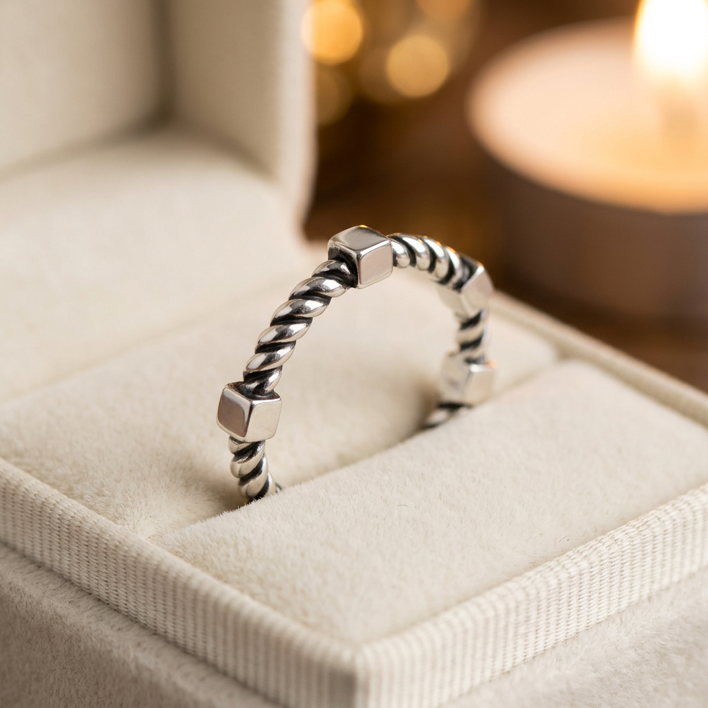 Sterling Silver 2.6mm Cube and Twisted Rope Stacking Ring for Women life3