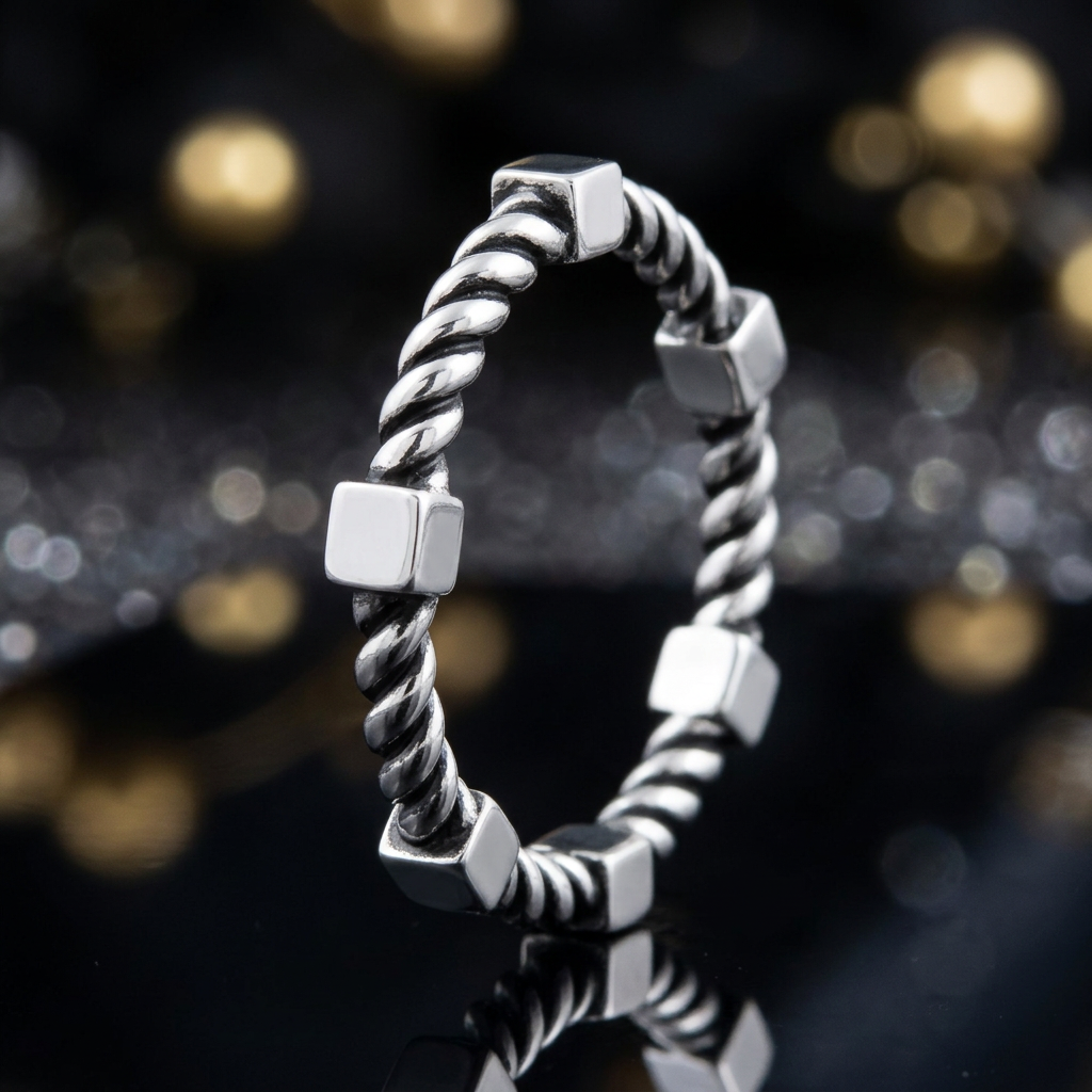 Sterling Silver 2.6mm Cube and Twisted Rope Stacking Ring for Women life4