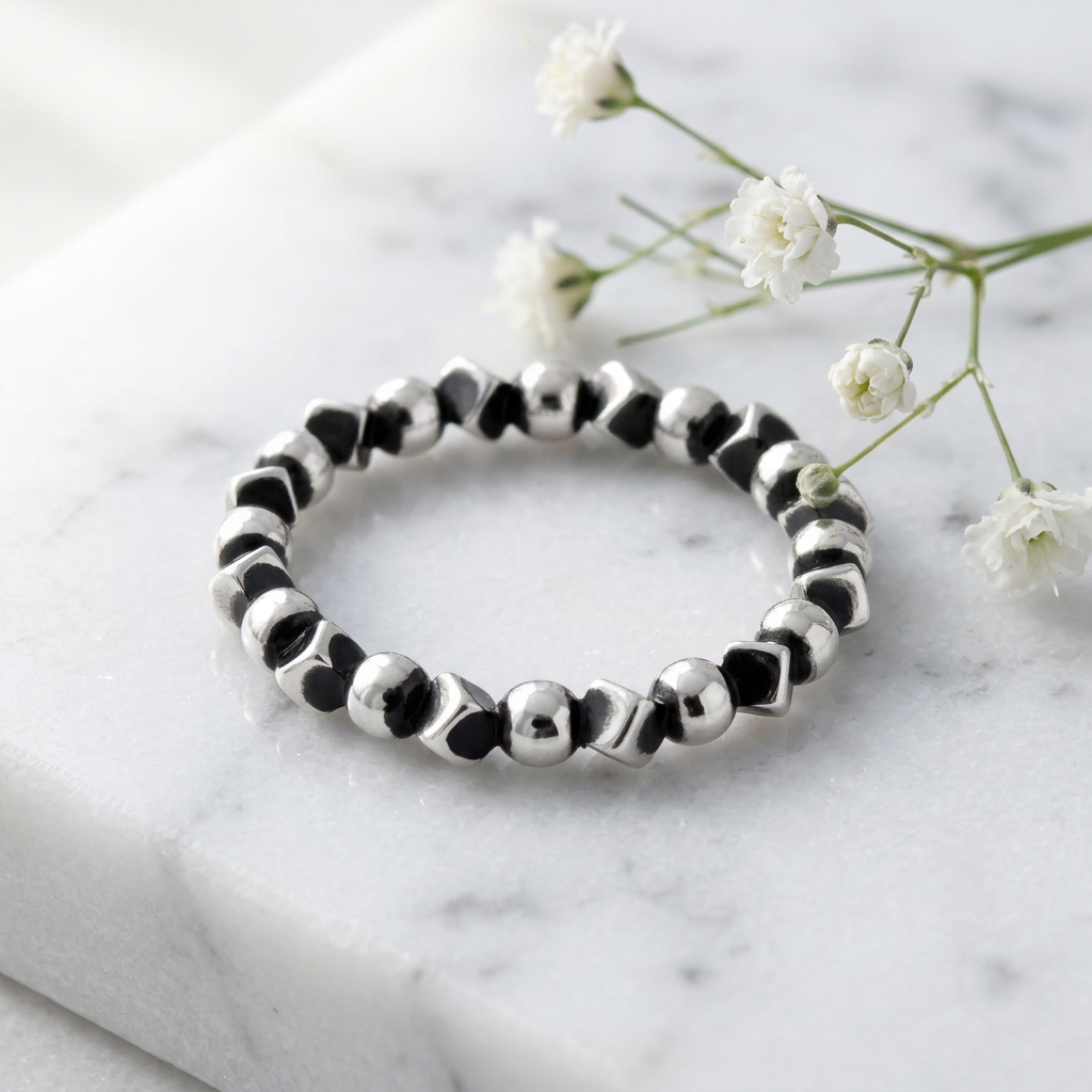 Sterling Silver 3mm Oxidized Bead and Cube Stacking Ring for Women life1