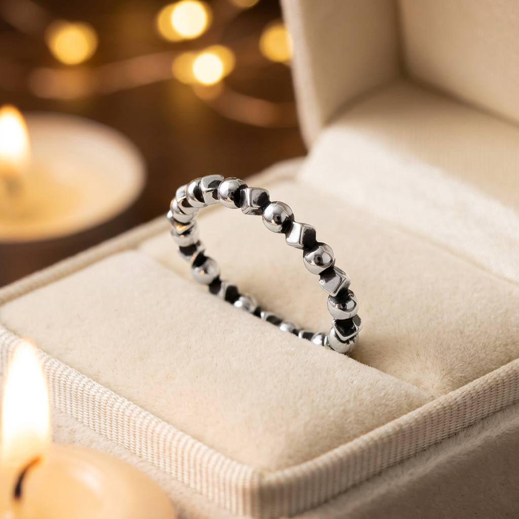 Sterling Silver 3mm Oxidized Bead and Cube Stacking Ring for Women life3