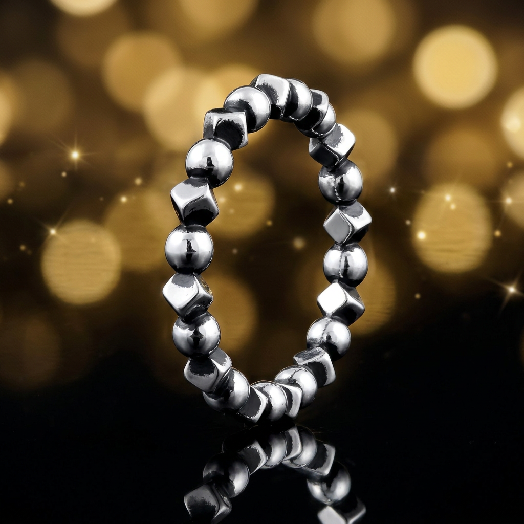 Sterling Silver 3mm Oxidized Bead and Cube Stacking Ring for Women life4