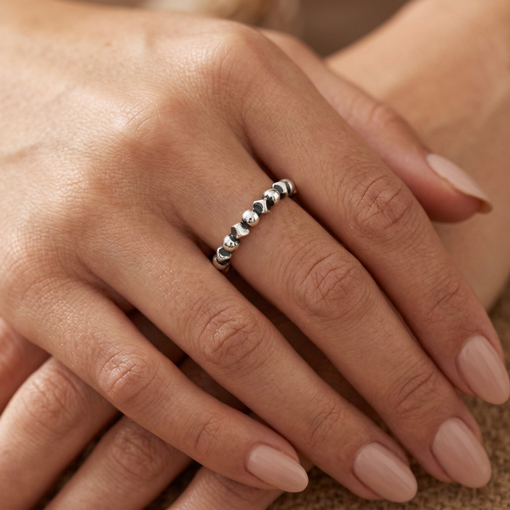 Sterling Silver 3mm Oxidized Bead and Cube Stacking Ring for Women model