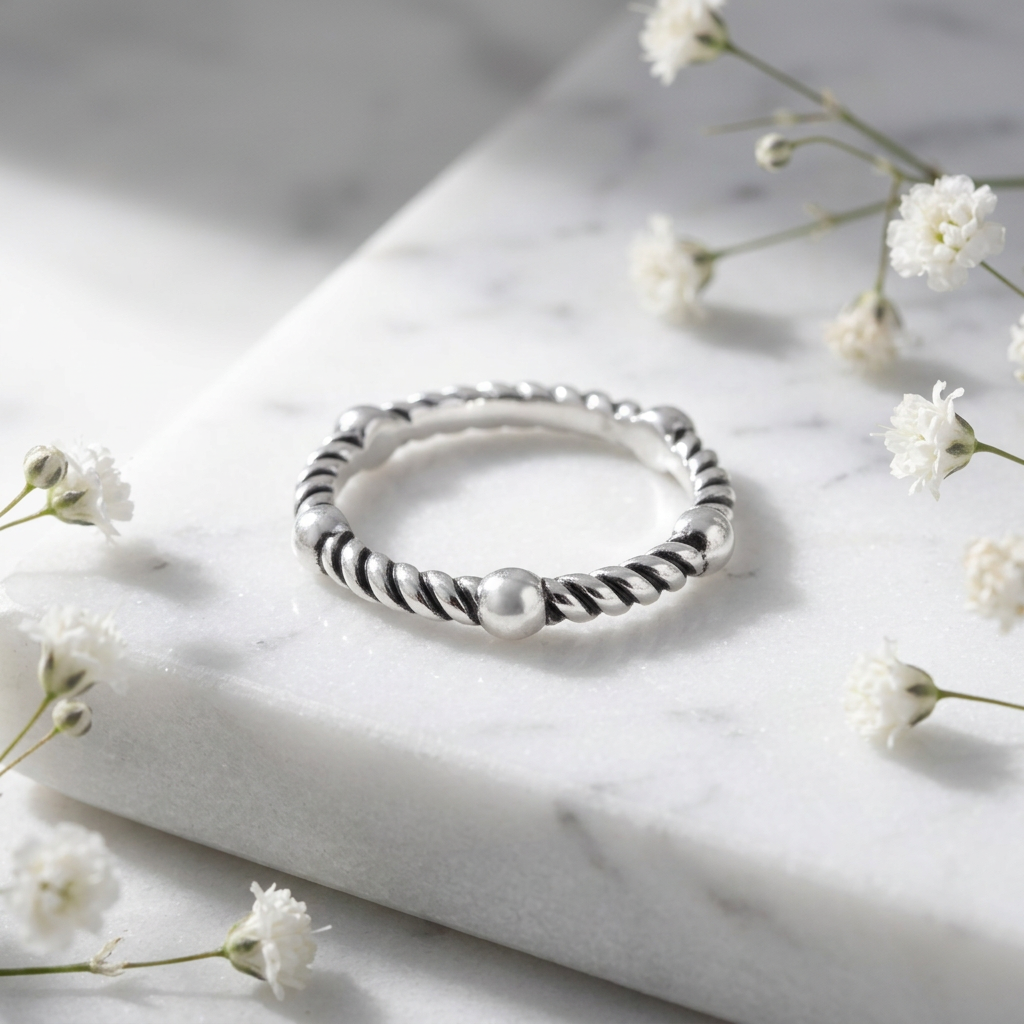 Sterling Silver 3.3mm Bead and Rope Stacking Ring for Women life1