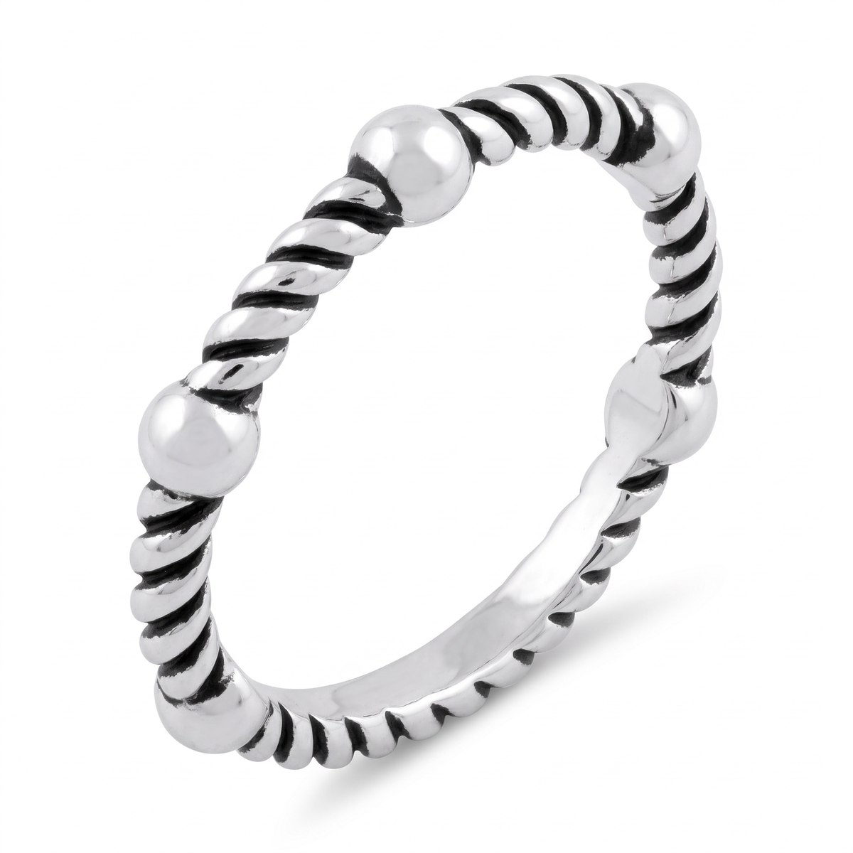 Sterling Silver 3.3mm Bead and Rope Stacking Ring for Women