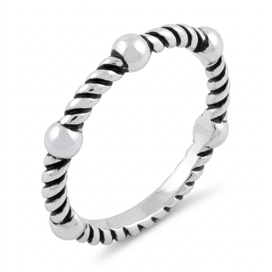 Sterling Silver 3.3mm Bead and Rope Stacking Ring for Women