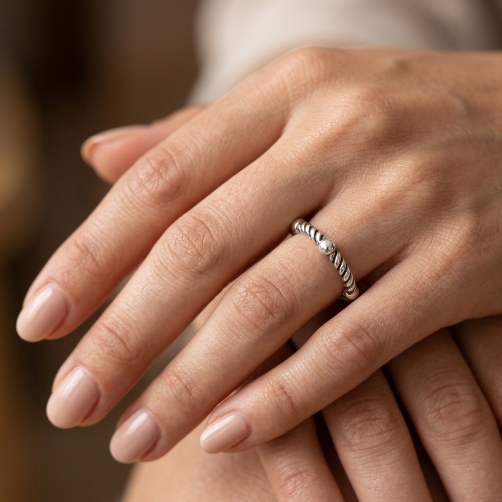 Sterling Silver 3.3mm Bead and Rope Stacking Ring for Women model