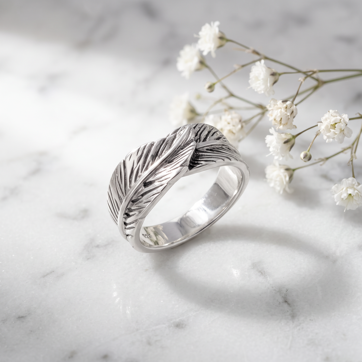 Sterling Silver Etched Feather Wrap Band Ring, Unisex life1