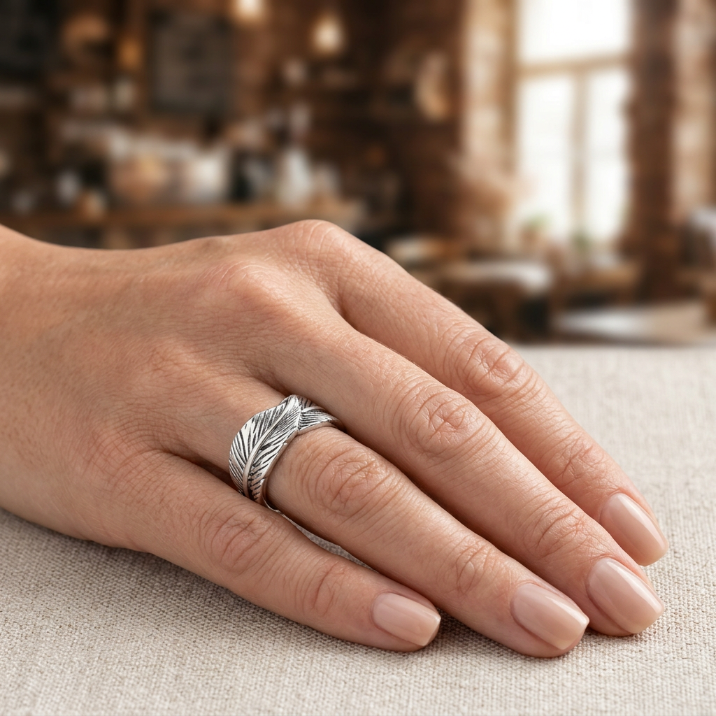 Sterling Silver Etched Feather Wrap Band Ring, Unisex model