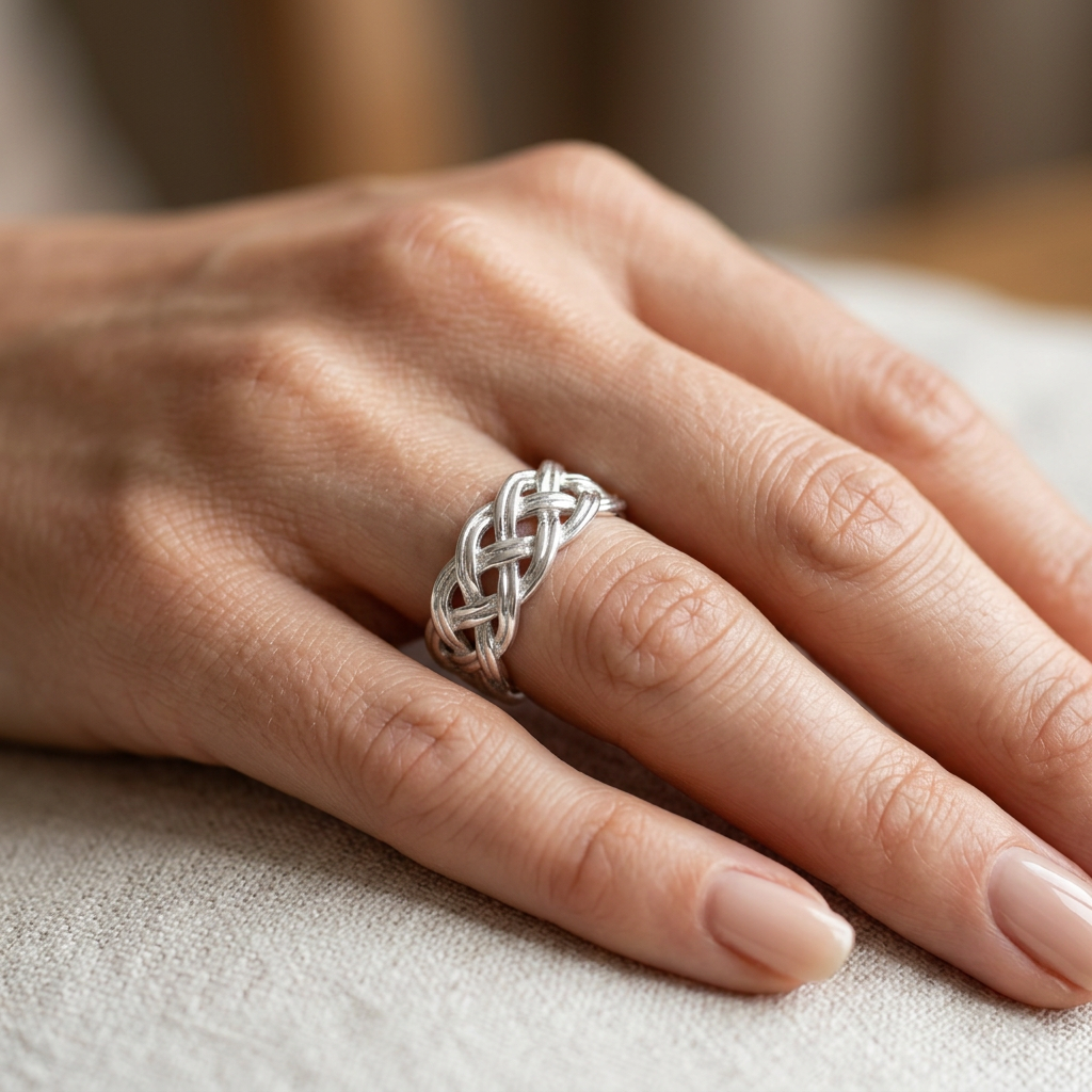 Sterling Silver 7.4mm Openwork Celtic Braided Weave Band Ring, Unisex model