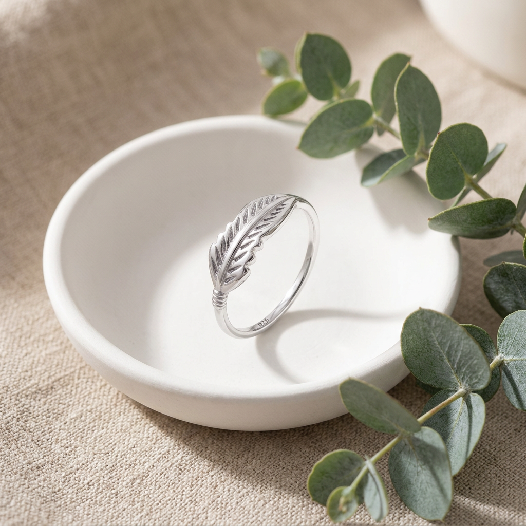 Sterling Silver Dainty Feather Leaf Ring for Women life2