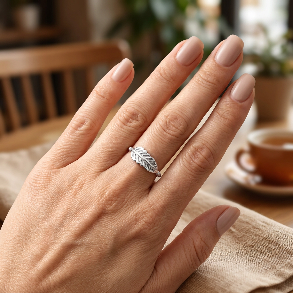 Sterling Silver Dainty Feather Leaf Ring for Women model