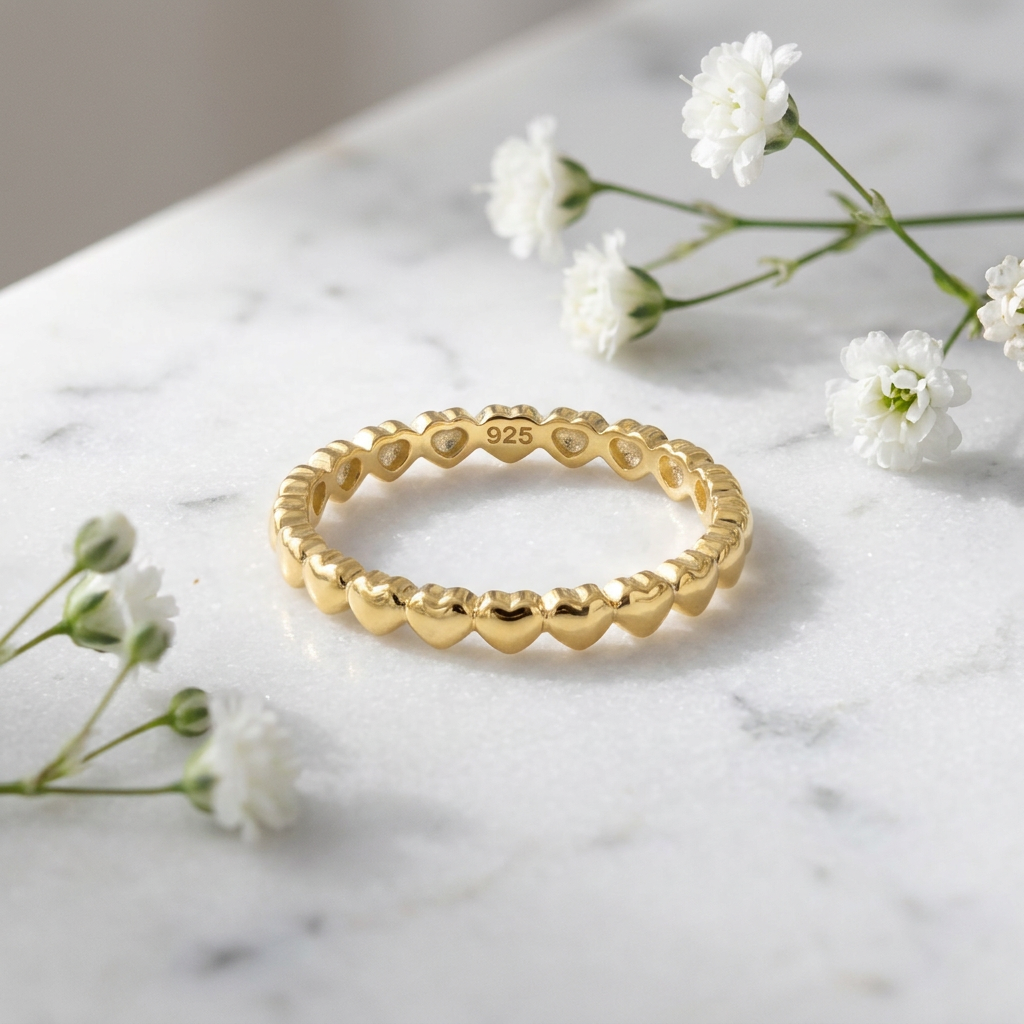 Sterling Silver 14k Gold Plated Tiny Hearts Eternity Stackable Band Ring for Women life1