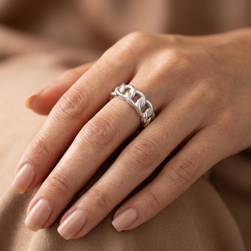 Sterling Silver 7.1mm Curb Chain Link Band Ring for Women model
