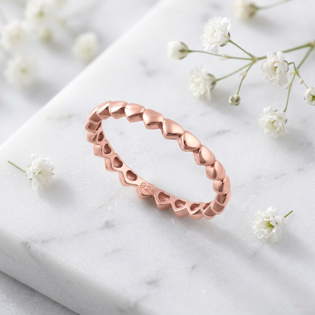Rose Gold Plated Sterling Silver 2.4mm Puffed Hearts Eternity Stacking Band Ring for Women life1
