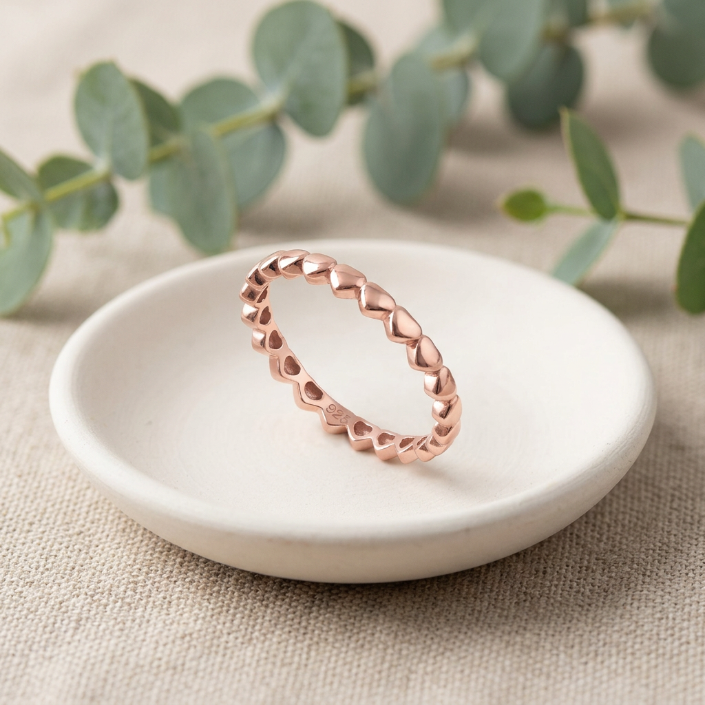 Rose Gold Plated Sterling Silver 2.4mm Puffed Hearts Eternity Stacking Band Ring for Women life2