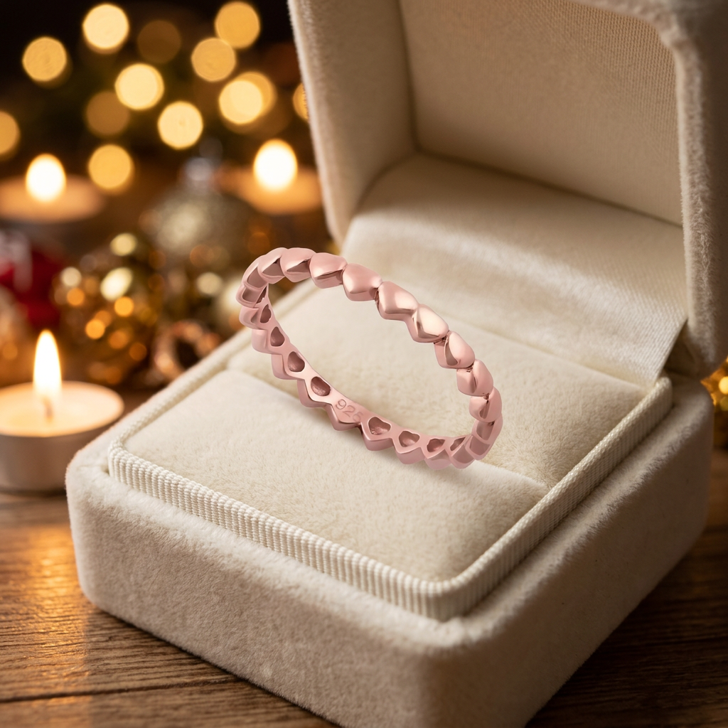 Rose Gold Plated Sterling Silver 2.4mm Puffed Hearts Eternity Stacking Band Ring for Women life3