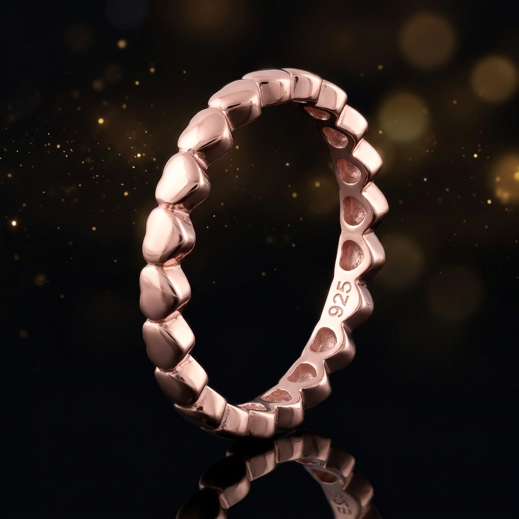Rose Gold Plated Sterling Silver 2.4mm Puffed Hearts Eternity Stacking Band Ring for Women life4